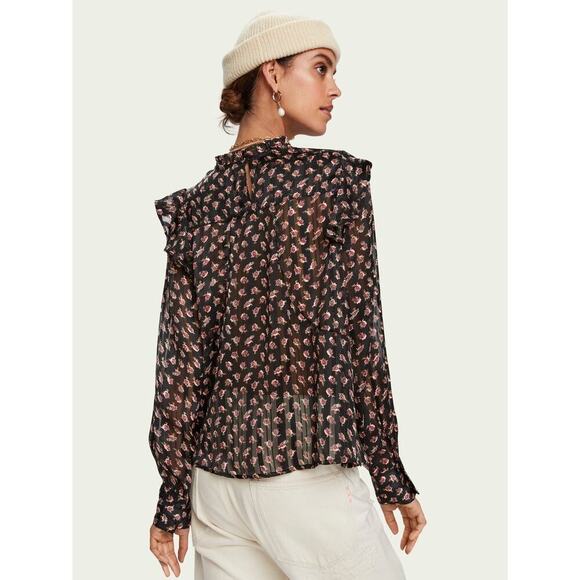 SCOTCH & SODA Floaty Ruffled Black Long Sleeve Floral Top Sz S - Picture 6 of 9